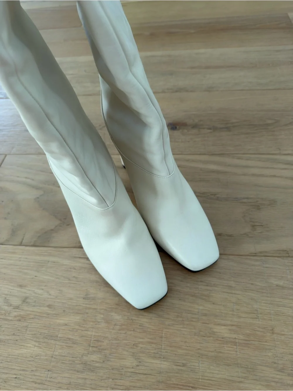 Jimmy Choo Cream Over-the-Knee Leather Boots with Gold JC Logo